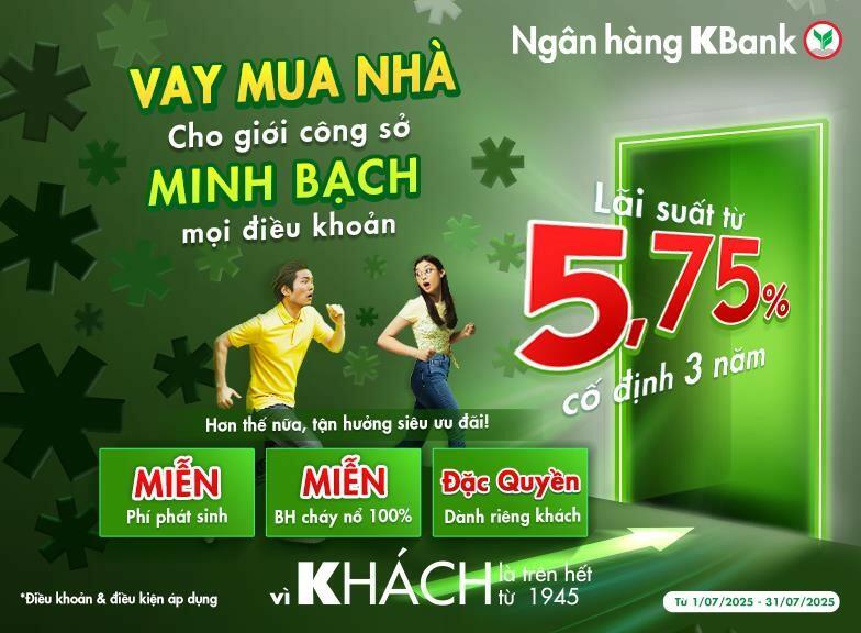 Vay Mua Nhà KBank: Lãi 5,75% Cố Định 3 Năm - Không Cần Mua Kèm Sản Phẩm, Áp Dụng Mọi Độ Tuổi