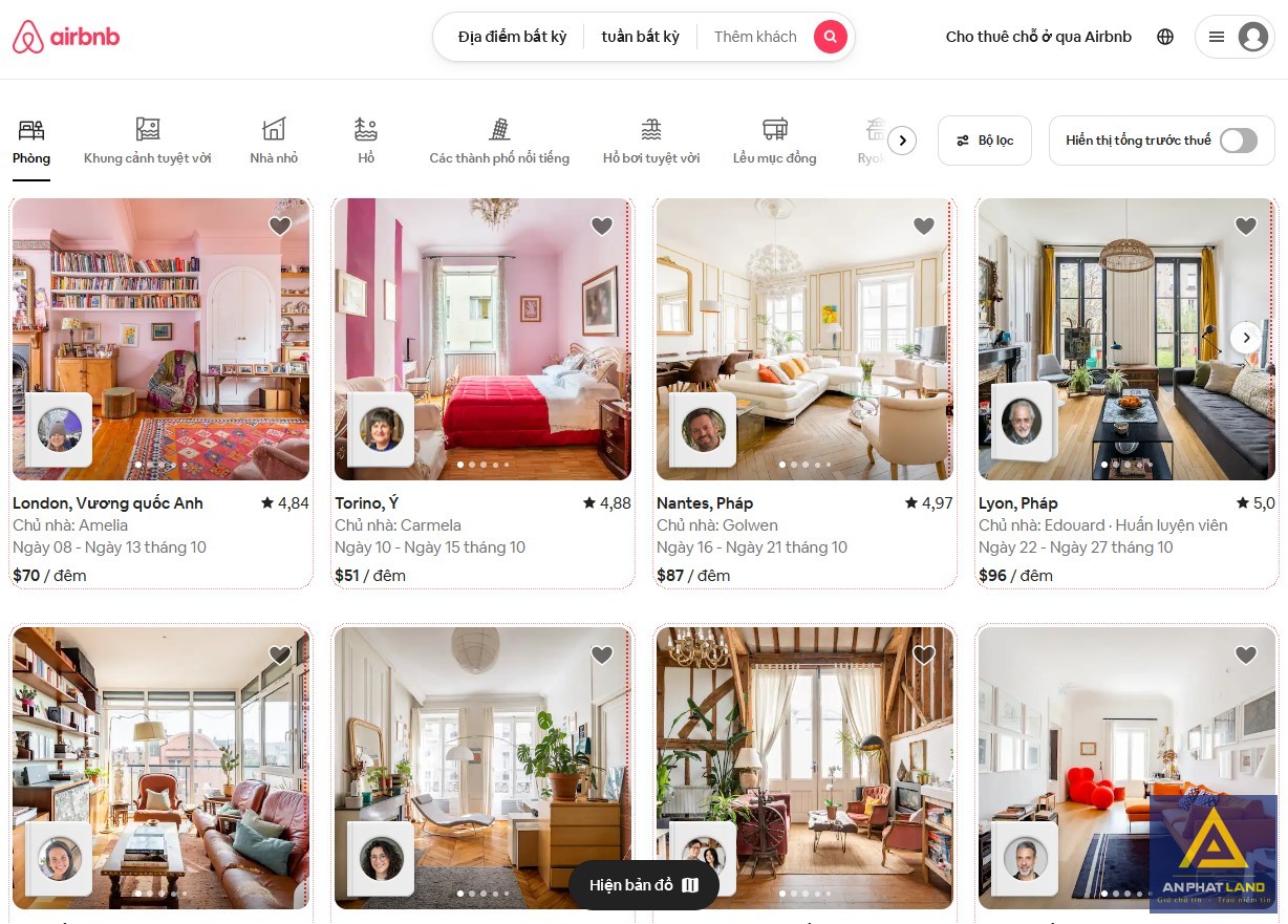 Giao diện của ứng dụng cho thuê nhà Airbnb